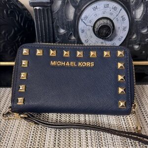 Michael Kors Black Wallet leather wristlet with Gold studs